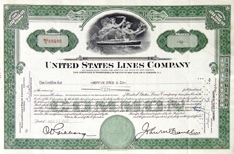 Unites States Lines, Inc., 1957, stock certificate